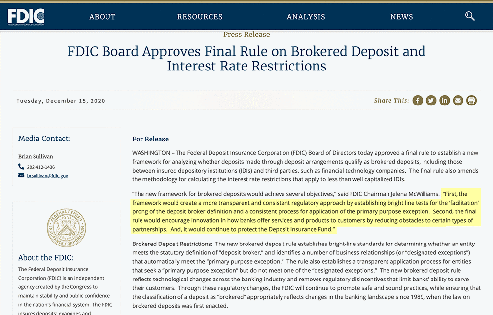 FDIC Ruling on Broker Deposits