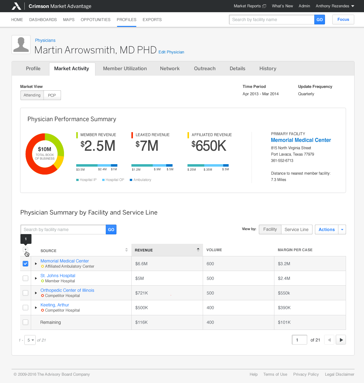 The final Physician Affiliation interface