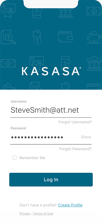 Kasasa App login screen